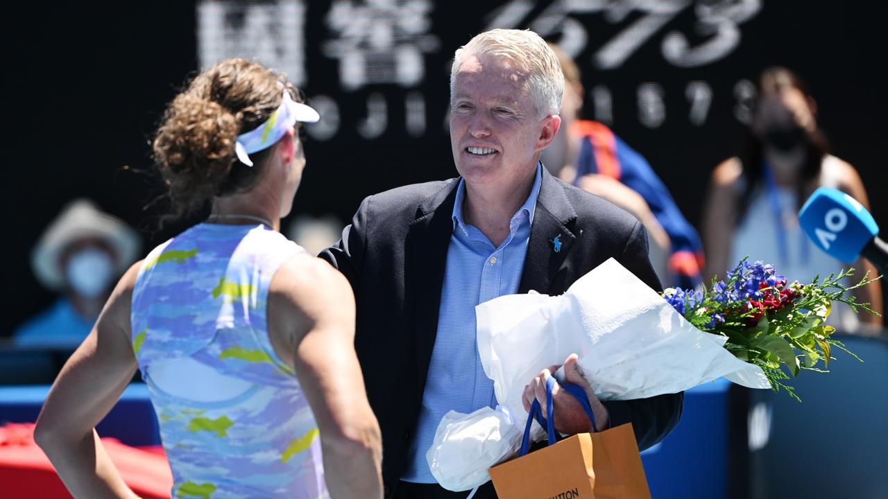 Craig Tiley was booed during his post-match Sam Stosur tribute. Picture: Quinn Rooney/Getty