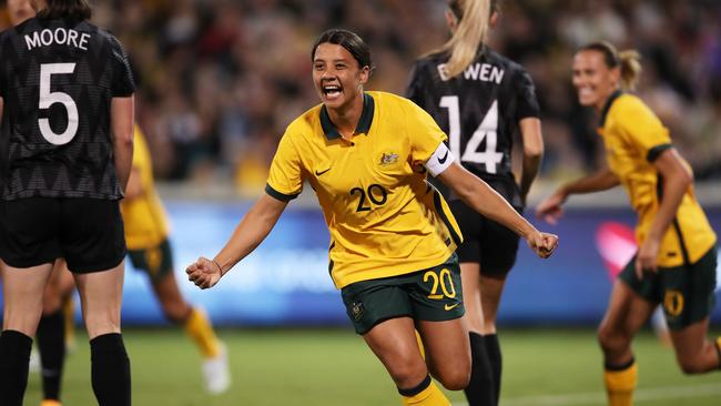 Sam Kerr scored a double for the Matildas in their 3-1 win against New Zealand in Canberra. Picture: Matt King/Getty Images