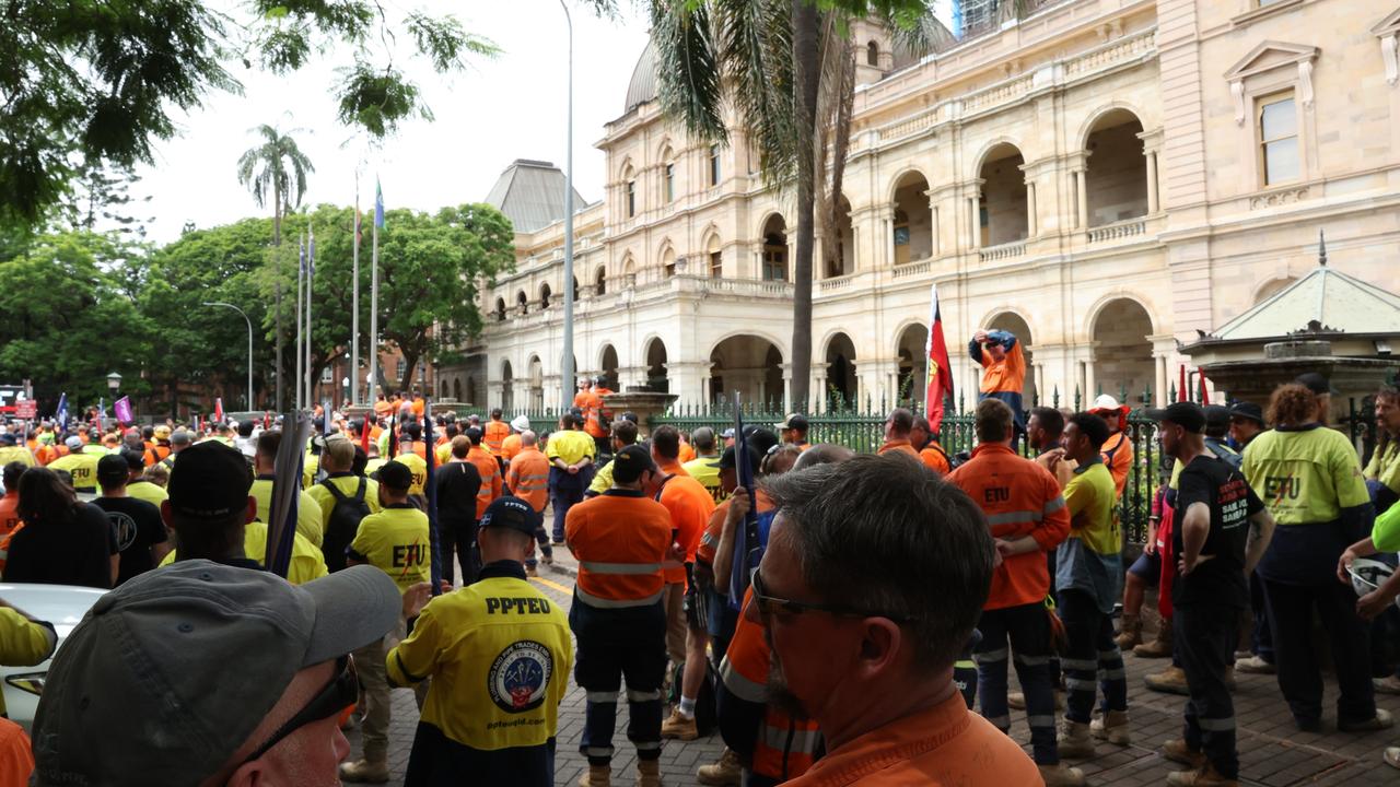 CFMEU workers protesting outside Parliament House on Thursday. Picture: Liam Kidston