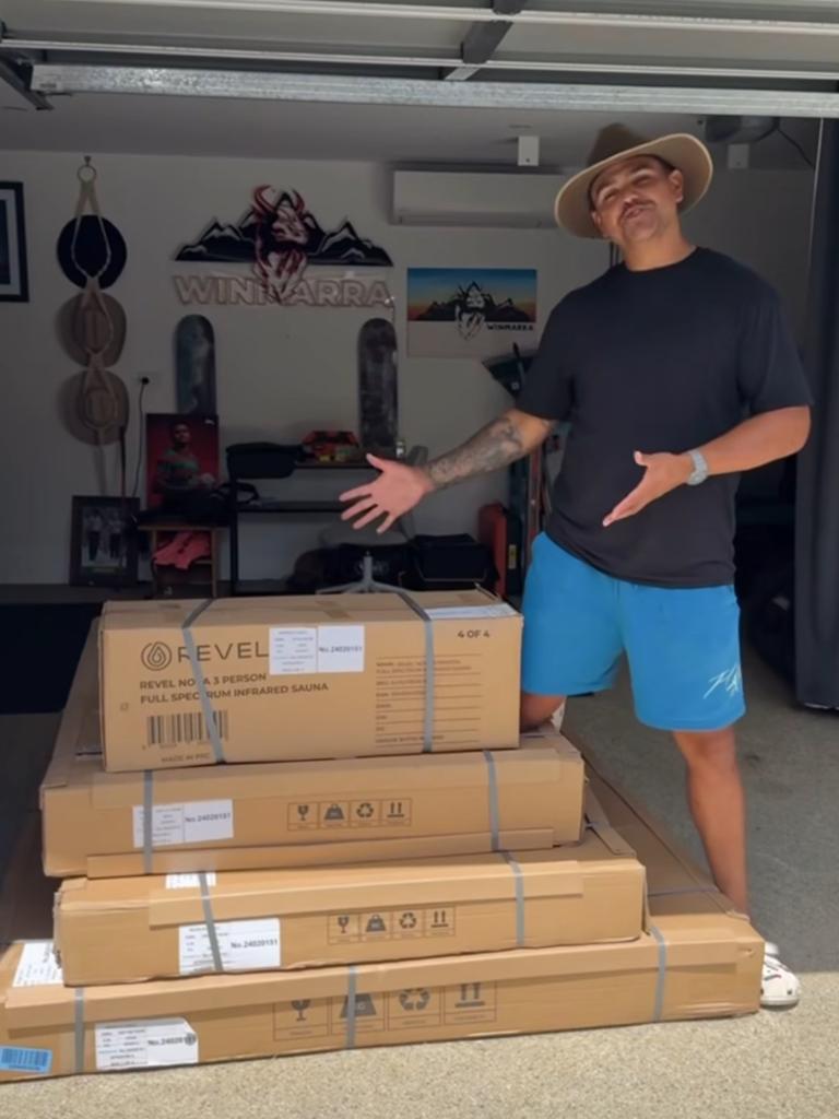 Latrell Mitchell ready to unbox his new sauna.