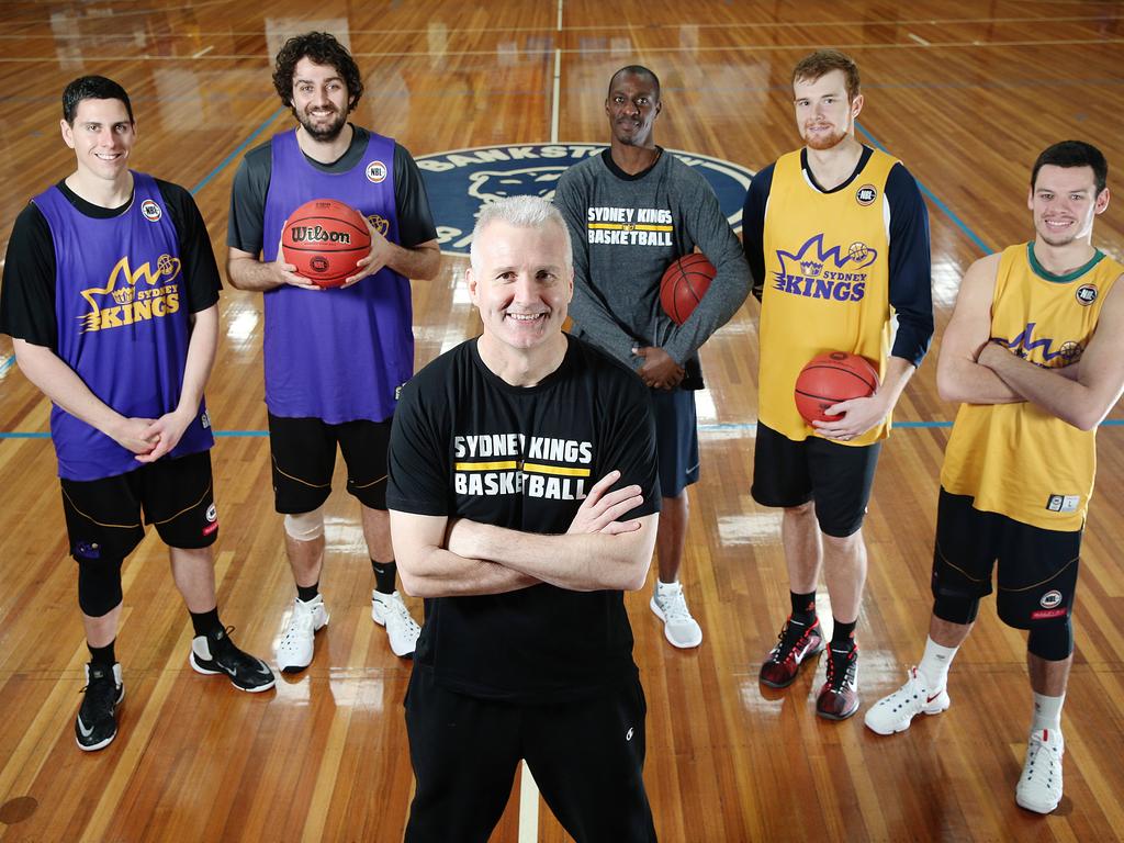 Jeromie Hill, Julian Khazzouh, Andrew Gaze, Lanard Copeland, Tom Garlepp and Jason Cadee. Andrew Gaze, Sydney Kings new head coach during training session at Bankstown Basketball Stadium. Picture: Craig Greenhill