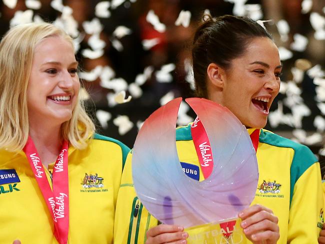 LONDON, ENGLAND - FEBRUARY 05:  Captain Sharni Leyton (C) lifts the trophy with the Australia team after winning the Quad Series netball match between the England Roses and the Australia Diamonds at the SSE Arena on February 5, 2017 in London, England.  (Photo by Jordan Mansfield/Getty Images) *** BESTPIX ***