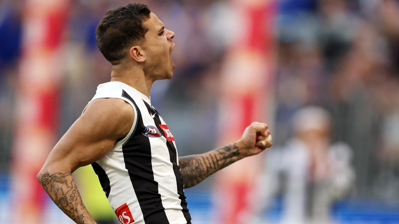 Bobby Hill celebrates a goal during the win over West Coast. Picture: Will Russell/AFL Photos