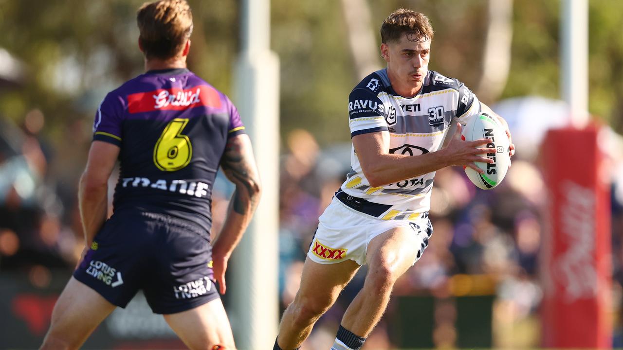 Tom Duffy of the Cowboys runs with the ball during the 2025 NRL Pre-Season Challenge match between Melbourne Storm and North Queensland Cowboys at Casey Fields on February 23, 2025 in Melbourne, Australia. (Photo by Morgan Hancock/Getty Images)