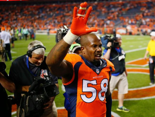 Outside Linebacker Von Miller of the Denver Broncos celebrates the 21-20 win over the Carolina Panthers.