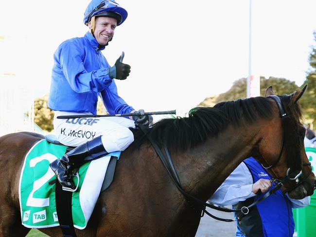 Kerrin McEvoy celebrates after riding Folkswood to victory in the Cranbourne Cup. Picture: Getty Images