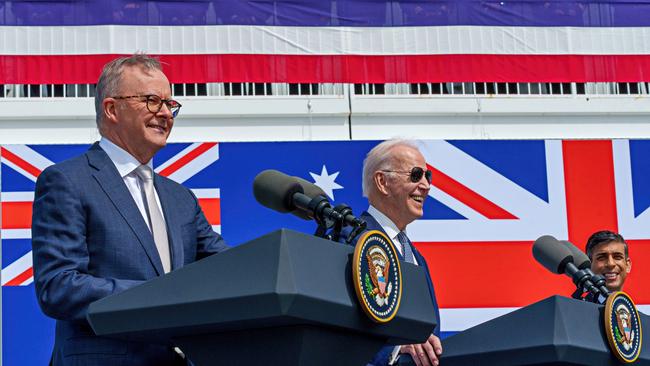 Anthony Albanese with US President Joe Biden and British Prime Minister Rishi Sunak after a trilateral AUKUS meeting in March, in San Diego, California.