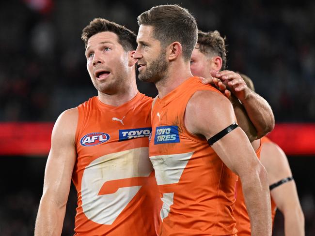 MELBOURNE, AUSTRALIA - MAY 11: Toby Greene of the Giants and Callan Ward of the Giants look dejected after  the round nine AFL match between Essendon Bombers and Greater Western Sydney Giants at Marvel Stadium, on May 11, 2024, in Melbourne, Australia. (Photo by Daniel Pockett/AFL Photos/via Getty Images)