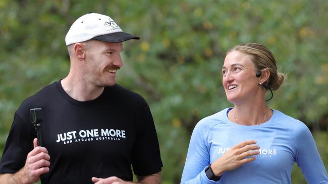 Brooke McIntosh who is currently running 14,080 km around Australia in just 180 days to raise $1 million for mental health charity The Blue Tree Project. she was joined by her Richmond player brother, Kamdyn McIntosh. Tuesday, April 29. 2025. Picture: David Crosling