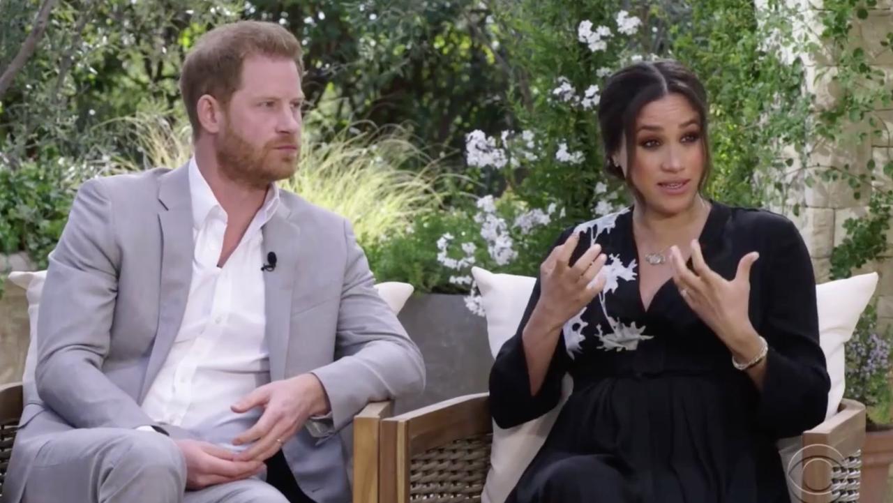 Harry and Meghan seen during interview with Oprah Winfrey. Picture: CBS