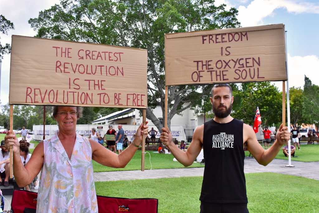 Ann Sale and Dane Pritchard attended the rally over the weekend, with Ann speaking to other protesters, believing she knows a better way officials should have handled the pandemic. Picture: Isabella Magee