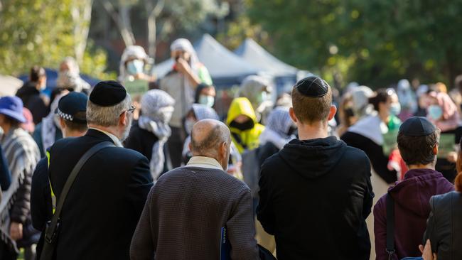 Jewish Israel supporters gather in a park near Melbourne University. ‘There should be a national bipartisan summit on combating anti-Semitism.’ Picture: Jason Edwards