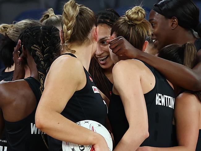 MELBOURNE, AUSTRALIA - MAY 14: The Magpies huddle during the round nine Super Netball match between Collingwood Magpies and Giants Netball at John Cain Arena on May 14, 2023 in Melbourne, Australia. (Photo by Graham Denholm/Getty Images)