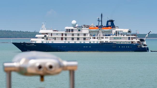 APT a travel company is trying to stop the government from forcing its ship, the Caledonian Sky from Australian waters. It is currently moored in Darwin Harbour.Picture: Che Chorley