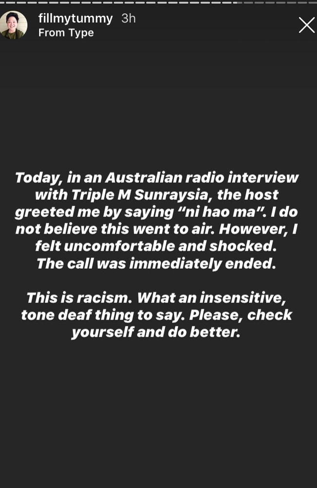 Sarah Tiong labelled the exchange ‘tone deaf and insensitive’. Picture: Instagram.