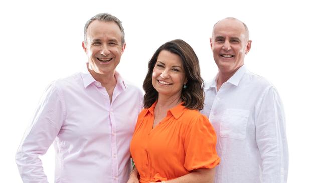 Mark Hine, Laurel Edwards and Gary Clare, the hosts of the 4BC breakfast program. Picture: Supplied