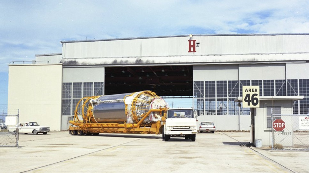 An Atlas Centaur 7 rocket carried by a truck at Cape Canaveral, Florida, US in 1965. Picture: Convair/General Dynamics Astronautics Atlas Negative Collection/San Diego Air and Space Museum via AP