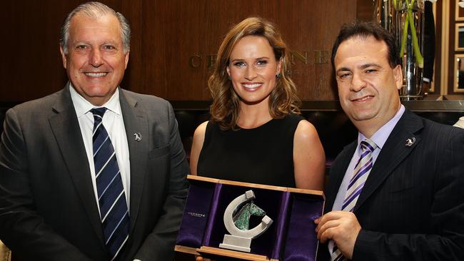 John Messara with Francesca Cumani and Peter V'landys during a launch for The Championships. Picture: Brett Costello