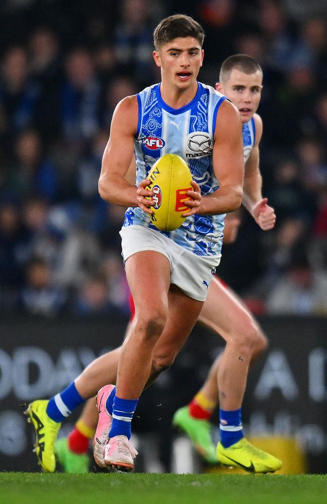 Harry Sheezel dominated all over the ground in North Melbourne’s win. Picture: Morgan Hancock/AFL Photos