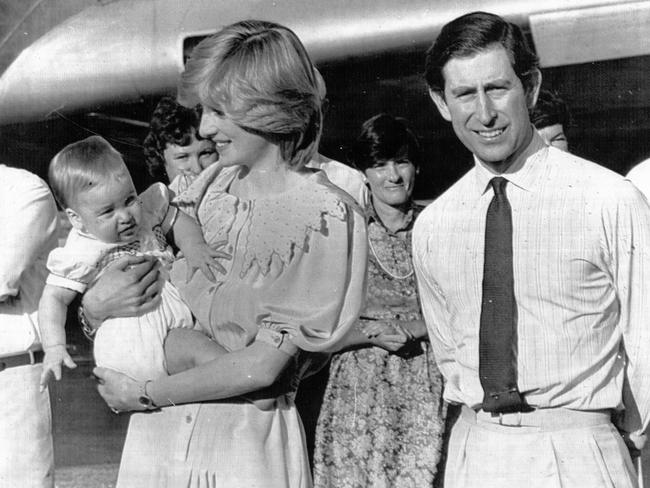 Then Prince Charles, alongside Princess Diana holding baby Prince William at Alice Springs Airport. It’s believed their plane was on time. Picture: News Ltd