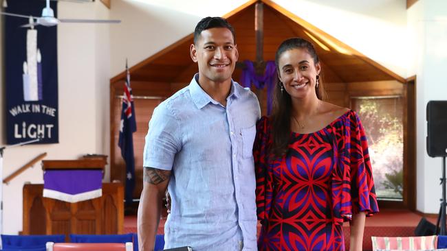 Israel Folau with his wife Maria Folau at Kenthurst Uniting Church after a Sunday service. Picture: Hollie Adams