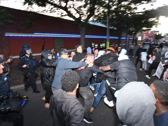 Protesters clash with Victorian Police outside Yiannopoulous’s show. Picture: AAP