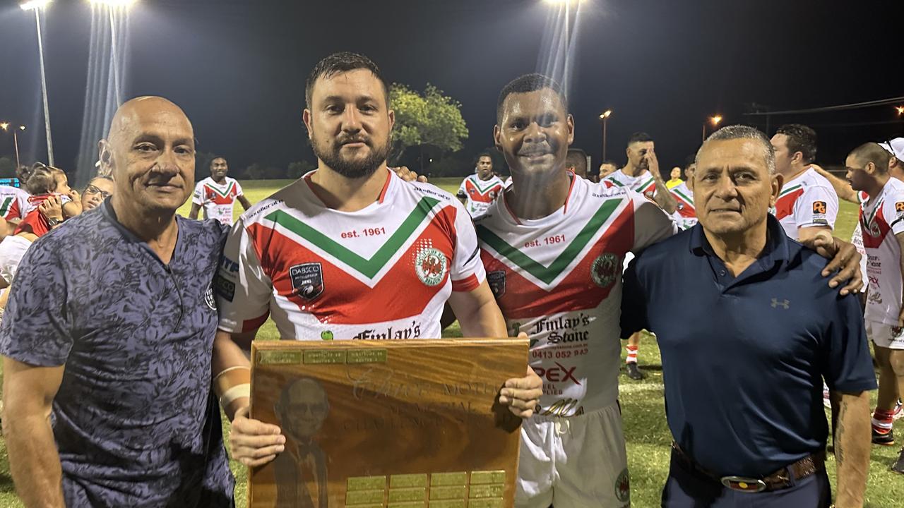 Paul Motlop and Mark Motlop present Nightcliff Dragons captains Brenton Motlop and David Tabuai with the Chico Motlop Shield in Round 7 of the NRL NT season.