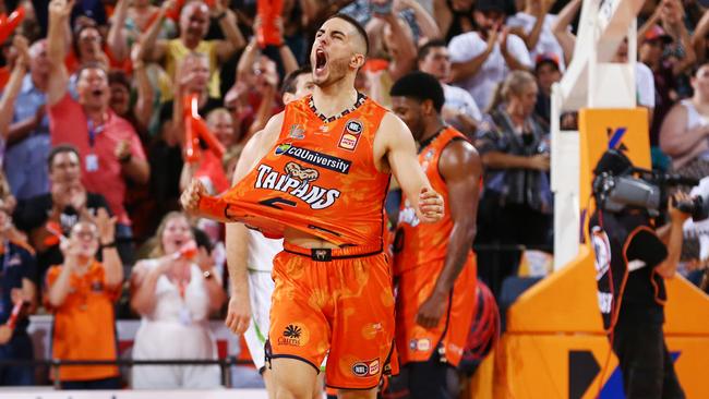 A happy Mirko Djeric after winning the National Basketball League (NBL) New Year's Eve match between the Cairns Taipans and the South East Melbourne Phoenix, held at the Cairns Convention Centre. PICTURE: BRENDAN RADKE.