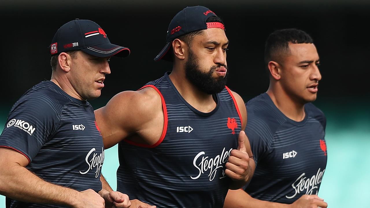 Roosters forwards Mitchell Aubusson, Isaac Liu, and Sio Siua Taukeiaho during training.