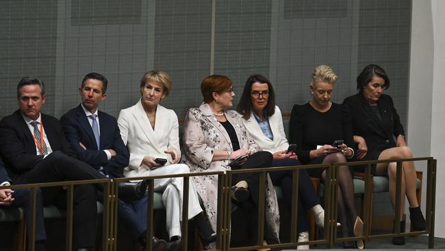 Coalition MPs look on as their leader delivers his budget reply in the House of Representatives at Parliament House in Canberra. Picture: NCA NewsWire / Martin Ollman