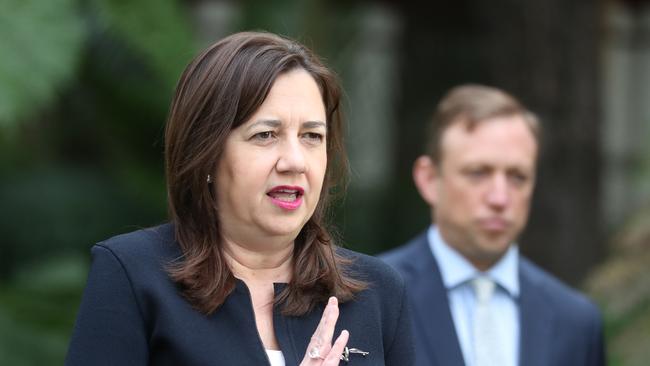 Premier Annastacia Palaszczuk and Steven Miles updating the media on COVID cases. Picture: Annette Dew