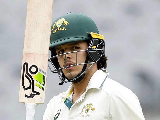 MELBOURNE, AUSTRALIA - NOVEMBER 09: Sam Konstas of Australia A raises his bat after scoring 50 runs during the game between Australia A and India A at Melbourne Cricket Ground on November 09, 2024 in Melbourne, Australia. (Photo by Darrian Traynor/Getty Images)