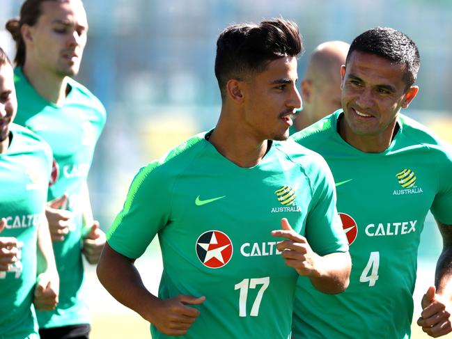 KAZAN, RUSSIA - JUNE 18:  Daniel Arzani of Australia warms up during an Australia Socceroos media opportunity at Stadium Trudovye Rezervy on June 18, 2018 in Kazan, Russia.  (Photo by Robert Cianflone/Getty Images)
