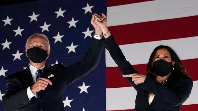 Bad pick: Joe Biden and Kamala Harris at the conclusion of the 2020 Democratic National Convention in Wilmington, Delaware. Biden still suffers from a dangerous lack of enthusiasm among black voters. There’s no state she puts in play. Picture: AFP