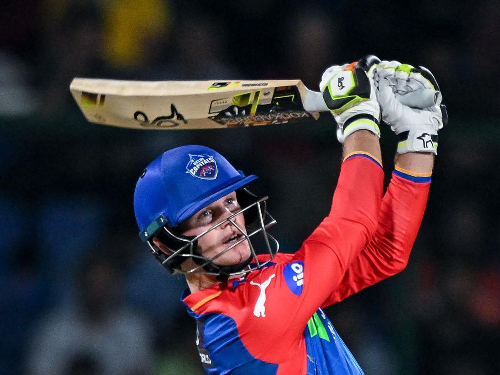 Delhi Capitals' Jake Fraser-McGurk launches a monster six. Picture: AFP