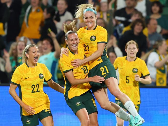 PERTH, AUSTRALIA - OCTOBER 26: Ellie Carpenter of the Matildas celebrates her goal during the AFC Women's Asian Olympic Qualifier match between Australia Matildas and IR Iran at HBF Park on October 26, 2023 in Perth, Australia. (Photo by James Worsfold/Getty Images)