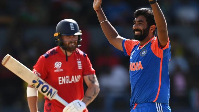 GEORGETOWN, GUYANA - JUNE 27: Jasprit Bumrah of India celebrates the wicket of Phil Salt of England with teammates during the ICC Men's T20 Cricket World Cup West Indies & USA 2024 Semi-Final match between India and England at Providence Stadium on June 27, 2024 in Georgetown, Guyana. (Photo by Gareth Copley/Getty Images)