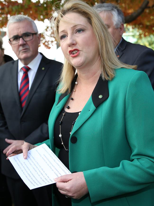 Centre Alliance’s Mayo MP, Rebekha Sharkie, speaks to the media on Wednesday. Picture: Gary Ramage