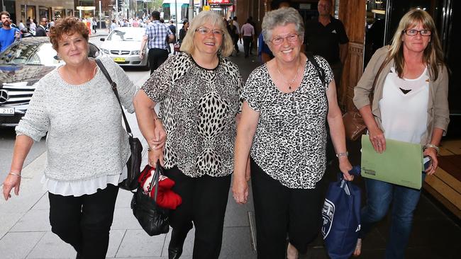 Melbourne based Chiquita mushroom pickers..L to R.. Josephine Hodgson, Marjorie Hodgson, Marion Rogers and Sharon Dellevergini leave the Royal Commission after giving evidence. These workers are the subject of claims that their wages were dramatically reduced whilst money was funelled into the AWU which Bill Shorten headed at the time of the potentially corrupt deal.