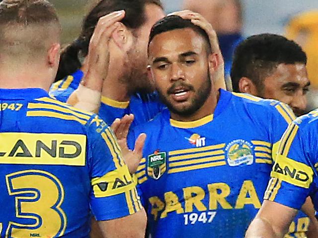 Bevan French of the Eels celebrates a try during the NRL round 17 game between the Parramatta Eels and the Canterbury Bulldogs at ANZ Stadium, Sydney. pic Mark Evans