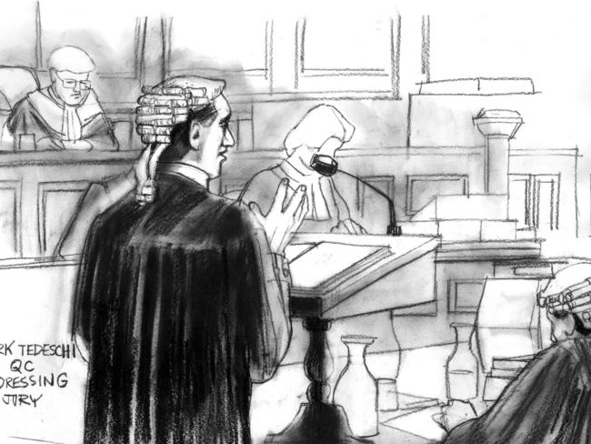 Mark Tedeschi QC addressing jury during Milat backpacker murders case trial at Central Court. Artwork: Edwin Huxley