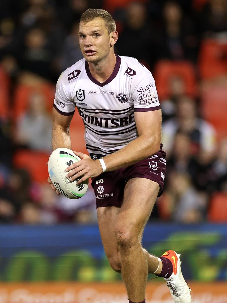 Tom Trbojevic of the Sea Eagles runs the ball during the round one NRL match between the Penrith Panthers and the Manly Sea Eagles at BlueBet Stadium.