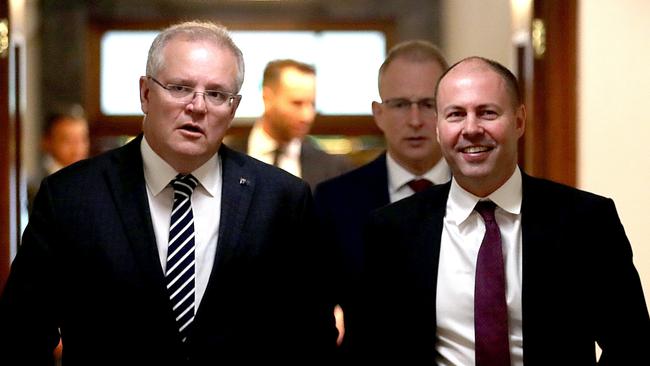 Prime Minister Scott Morrison, Treasurer Josh Frydenberg and Communications Minister Paul Fletcher. Picture: David Geraghty