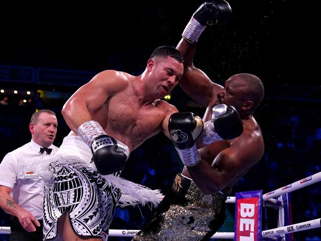 Derek Chisora (right) and Joseph Parker in action during the WBO Intercontinental Heavyweight Title fight against Joseph Parker at the AO Arena, Manchester. Picture date: Saturday December 18, 2021. (Photo by Peter Byrne/PA Images via Getty Images)