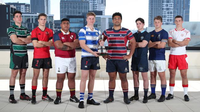 2019 GPS rugby season launch with captains of all the schools in playing kit, South Brisbane. BBC Jacob Blyton, GT Lewis Jorgensen, BSHS Linston Tafa-Tuimavave, NC Mitch Lowrie (with trophy), TSS Zane Nonggorr, BGS Ben Hains, ACGS Aidan King, IGS Jack Webber. Picture: Liam Kidston.