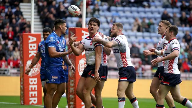 WIGAN, ENGLAND - OCTOBER 27: Herbie Farnworth of England celebrates with teammates aft scoring his sides first try during the Autumn International Series test match between England and Samoa at Brick Community Stadium on October 27, 2024 in Wigan, England. (Photo by Jess Hornby/Getty Images)