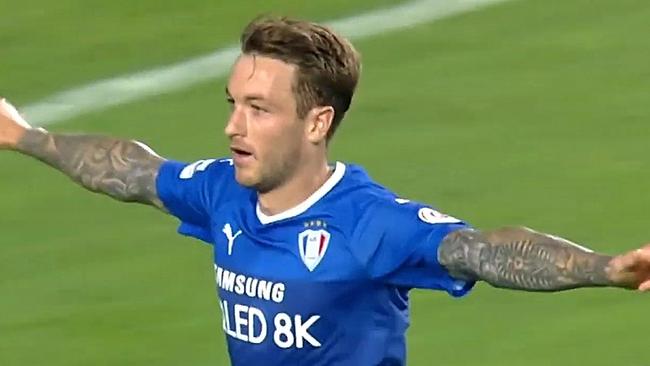 Socceroos striker Adam Taggart is playing for South Korean outfit Suwon Bluewings. The start of South Korea’s K-League has been postponed because of the coronavirus.