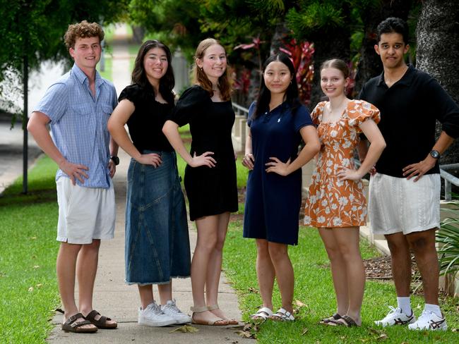 Townsville Grammar students Ted Muller, Naomi Kutash, Alyssa Curtis, Charlotte, To, Freya McManus and Almaz Hira are 6 of 10 students from the school who received an ATAR score of 99+. Picture: Evan Morgan