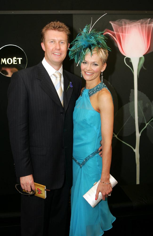 TV presenter journalist Peter Overton with Jessica Rowe during Derby Day at Flemington 30 Oct 2004.