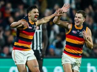 ADELAIDE, AUSTRALIA - MAY 10: Izak Rankine of the Crows celebrates a goal during the round nine AFL match between Port Adelaide Power and Adelaide Crows at Adelaide Oval, on May 10, 2025, in Adelaide, Australia. (Photo by Mark Brake/Getty Images)